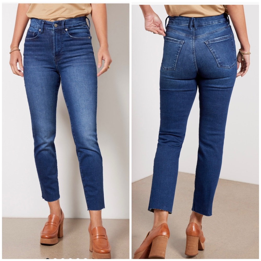 Good American Indigo Blue Always Fits Good Legs Raw Hem Straight Jeans Size 6-12